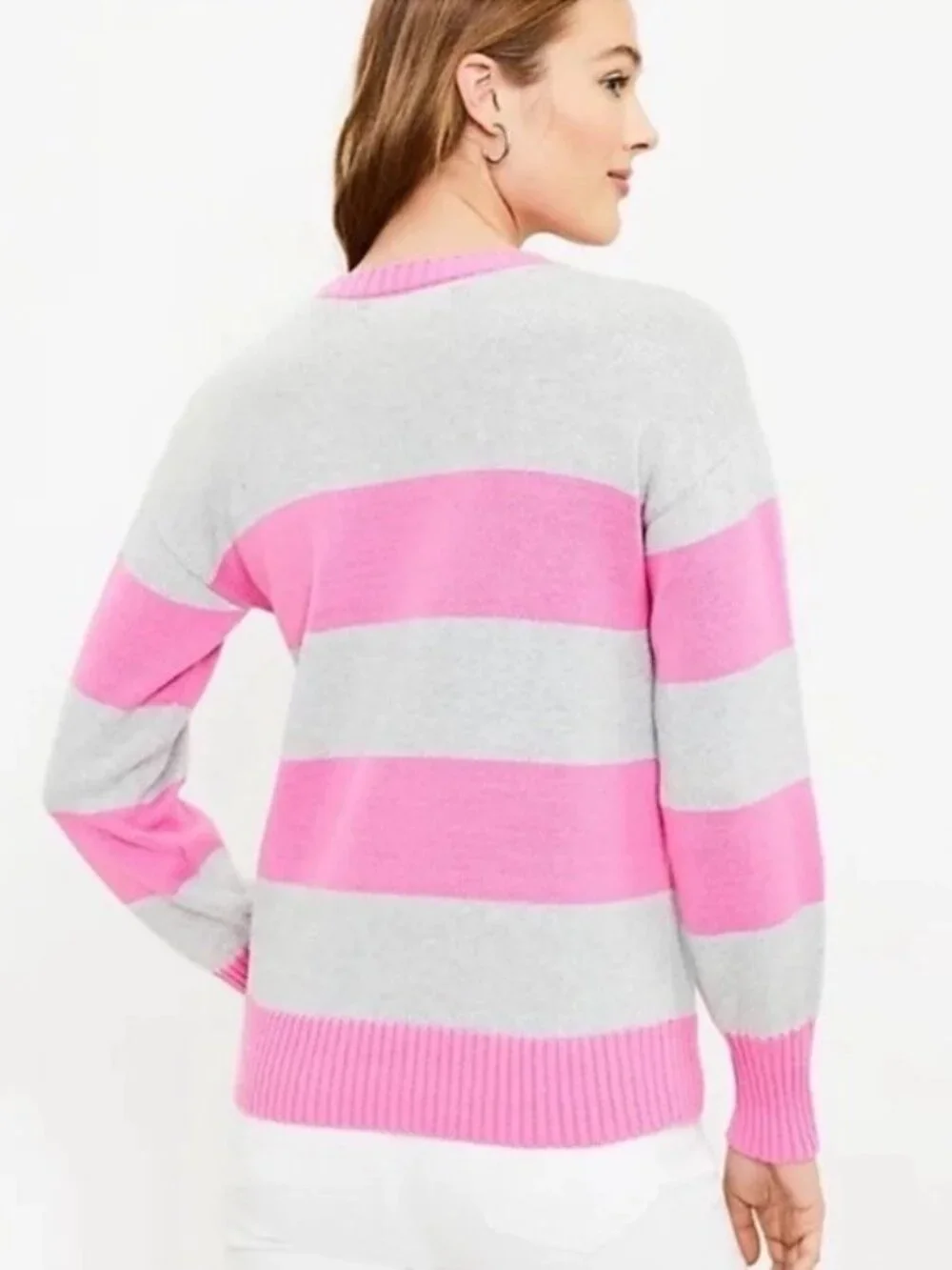 Ann Taylor LOFT Womens Gray Pink Striped Golf Birdie Preppy Crew Neck Sweater XS - Picture 5 of 6